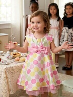 Jona Michelle Pink, Yellow & Mint Polka Dot Bow Dress, S-2T, EPreLC
